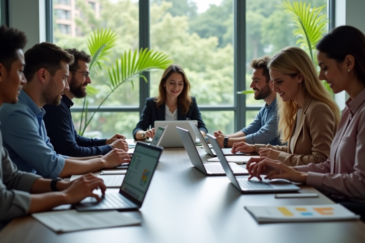 Groupe de professionnels collaborant avec différents clients email