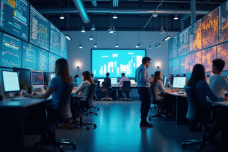 Groupe de professionnels analysant des visualisations de données colorées dans un bureau moderne