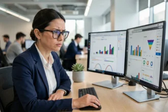Analyste web identifiant des erreurs de configuration GA4 sur ses tableaux de bord analytics en bureau
