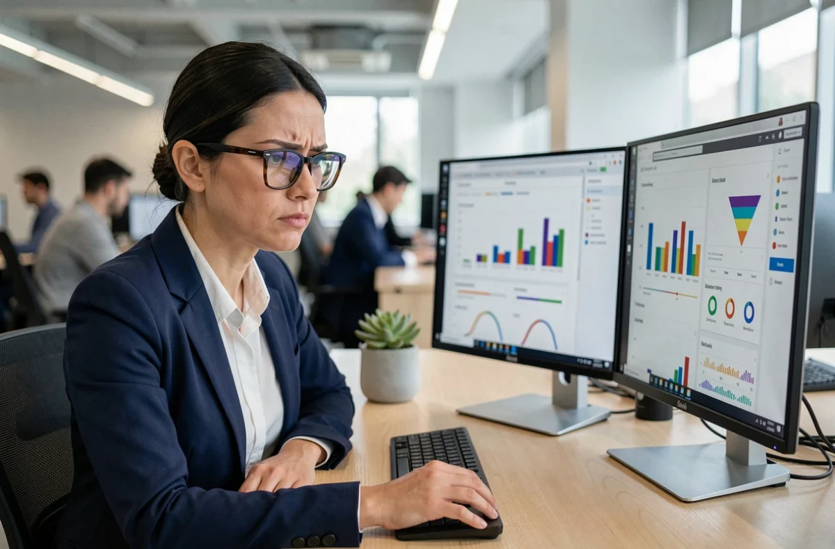 Analyste web identifiant des erreurs de configuration GA4 sur ses tableaux de bord analytics en bureau