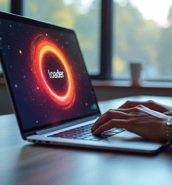 Espace de travail moderne avec un ordinateur et un loader animé