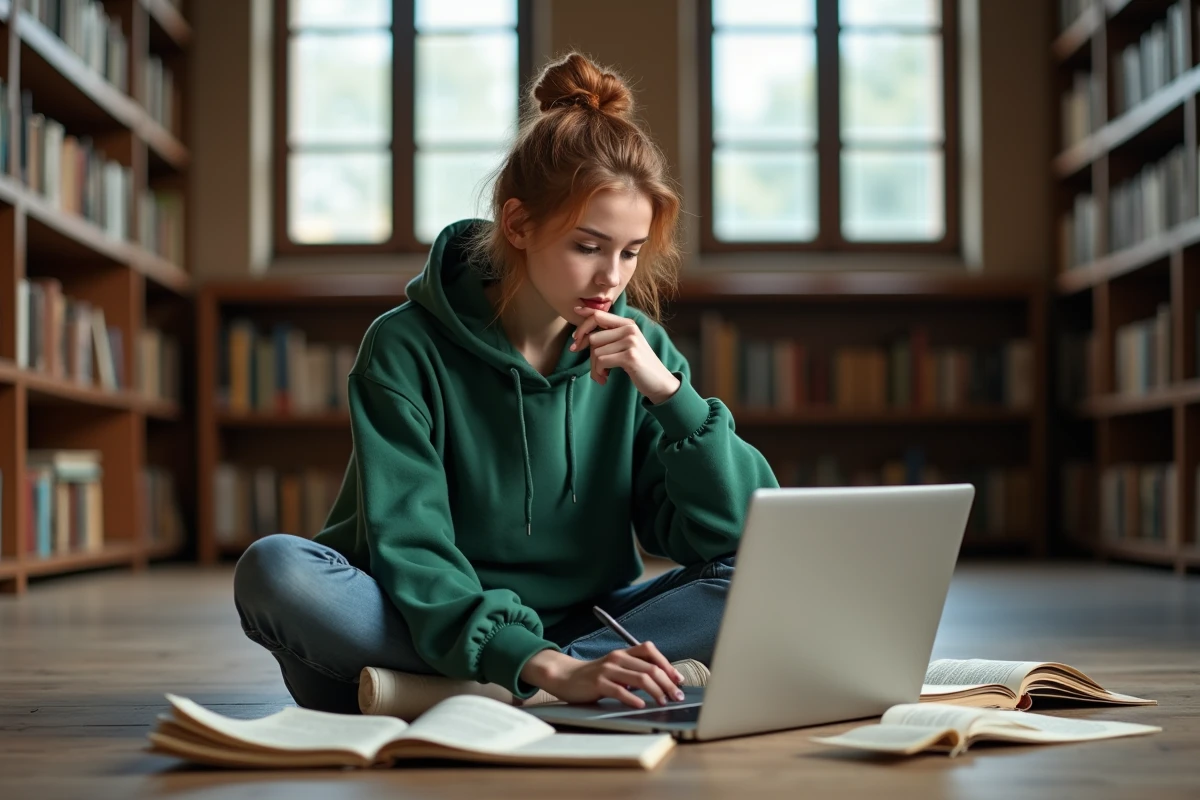 Étudiante comparant des correcteurs de texte français sur son ordinateur portable dans une bibliothèque universitaire