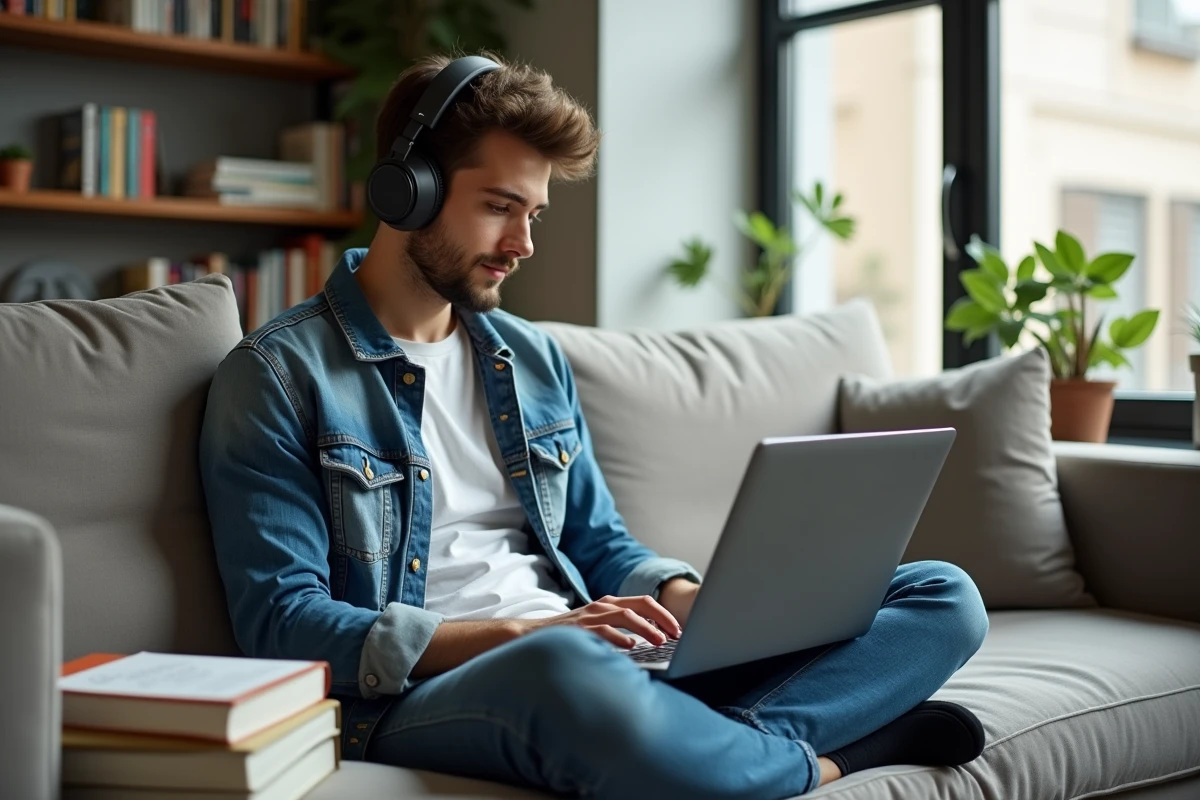 Étudiant écoutant de la musique YouTube et exportant un fichier WAV légalement depuis son appartement