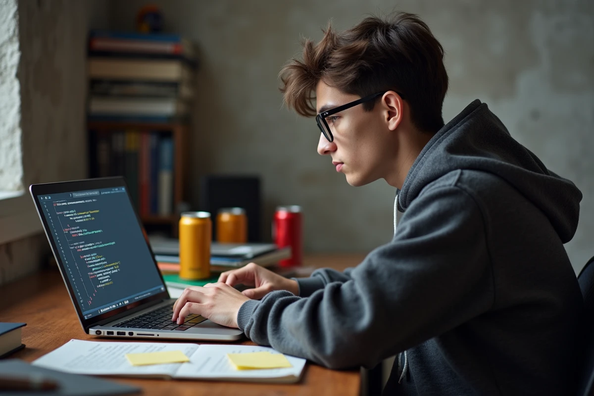 Étudiant en informatique utilisant un outil d'assistance IA sur son ordinateur portable dans une chambre d'étudiant