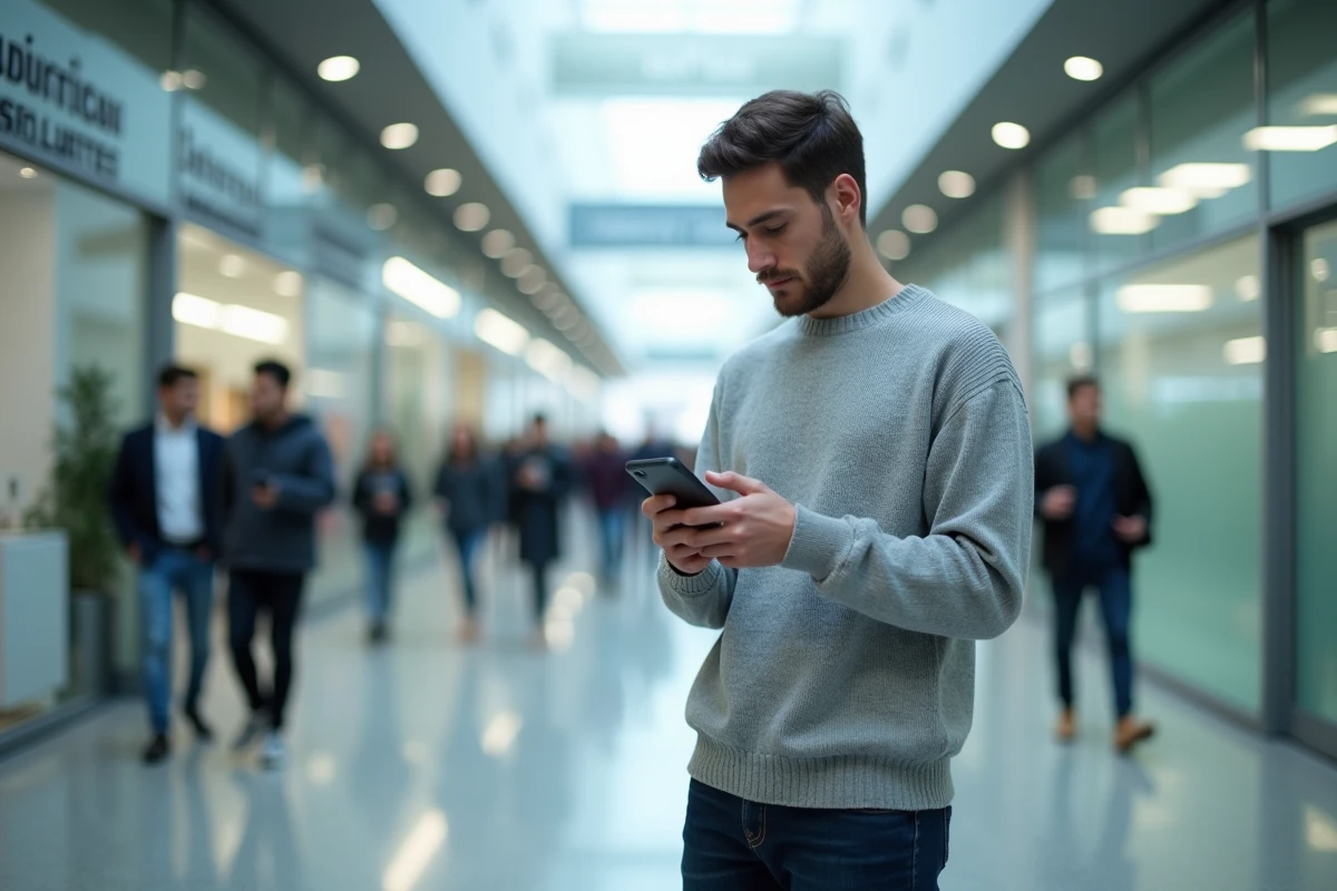 Étudiant de Lyon 3 consultant l'intranet universitaire sur son smartphone dans un couloir du campus