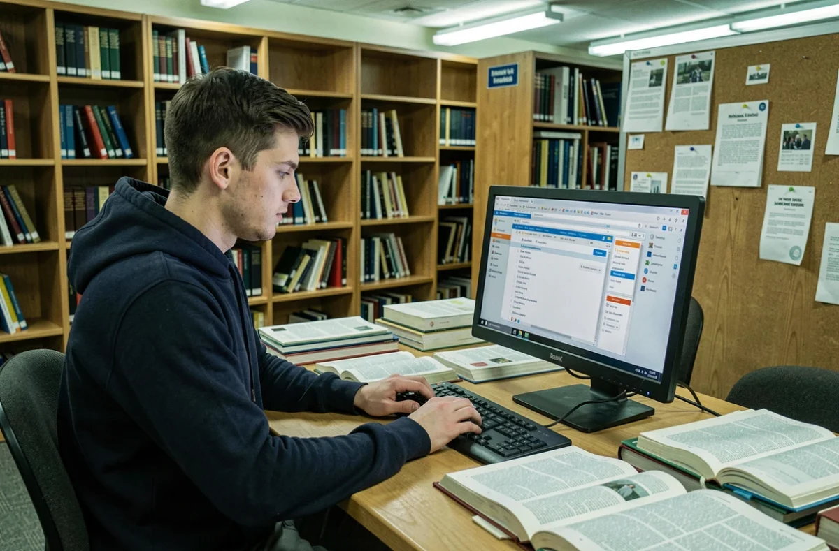 Étudiant consultant sa messagerie académique saturée sur un ordinateur dans une bibliothèque universitaire