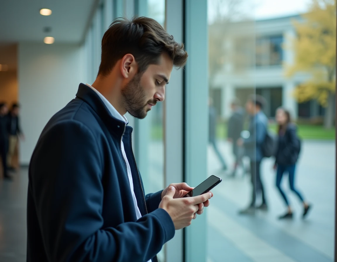 Étudiant consultant son téléphone pour accéder au webmail de l'université de Nantes en cas de panne