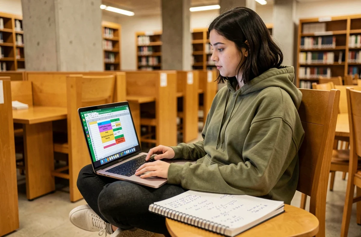 Étudiante en bibliothèque universitaire travaillant sur une formule de moyenne pondérée dans un tableur Excel