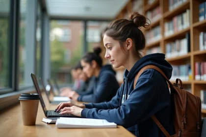 Étudiante de l'Université Lyon 3 utilisant l'intranet sur son ordinateur portable dans la bibliothèque universitaire