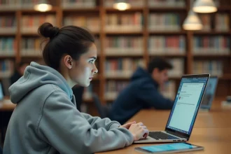 Étudiante frustrée devant un message d'erreur sur le webmail de l'université de Nantes dans une bibliothèque universitaire