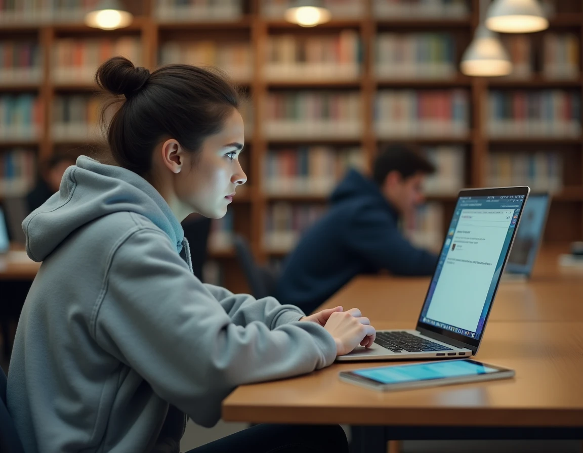 Étudiante frustrée devant un message d'erreur sur le webmail de l'université de Nantes dans une bibliothèque universitaire