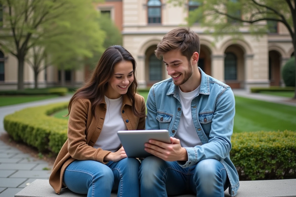 Deux étudiants réalisant ensemble leurs démarches d'inscription universitaire en ligne sur un campus