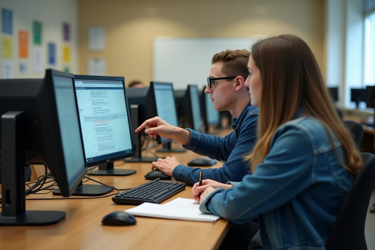 Deux étudiants de l'Université Lyon 3 naviguant ensemble sur l'intranet dans une salle informatique du campus