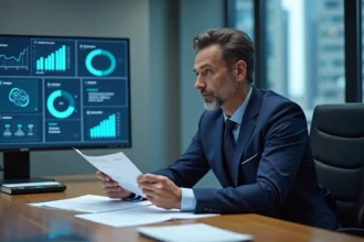 Homme d'affaires en costume navy dans un bureau moderne