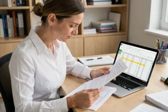 Femme professionnelle analysant un tableau imprimé et un PDF sur ordinateur pour extraire des données via OCR