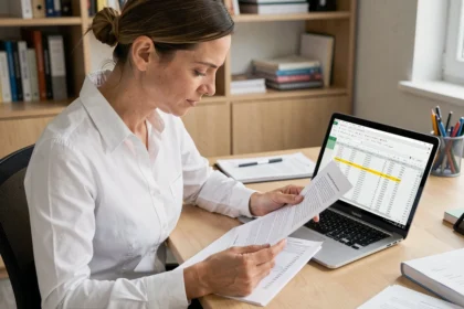 Femme professionnelle analysant un tableau imprimé et un PDF sur ordinateur pour extraire des données via OCR