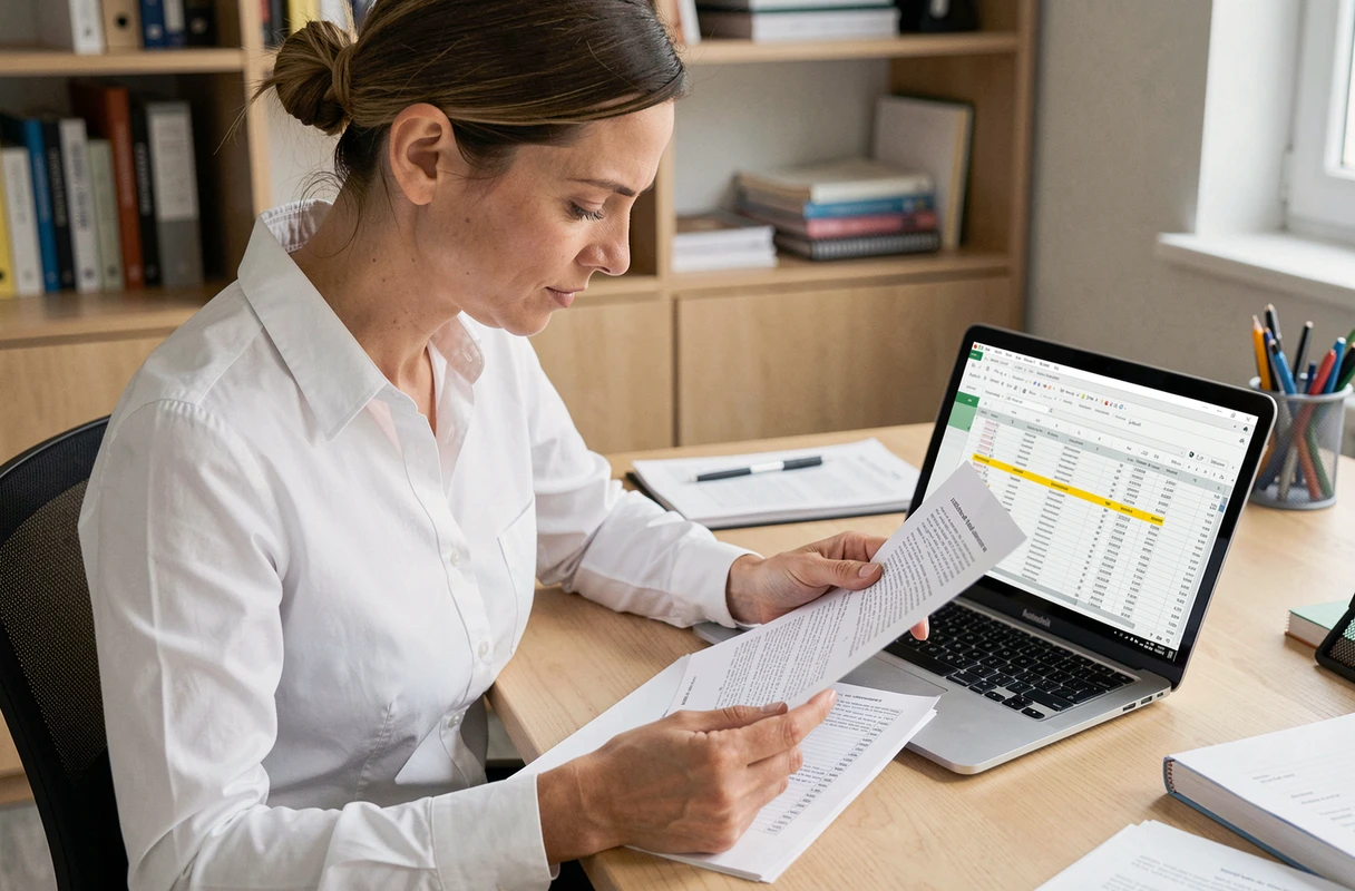 Femme professionnelle analysant un tableau imprimé et un PDF sur ordinateur pour extraire des données via OCR