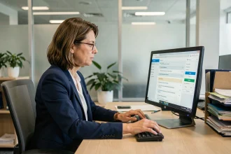 Femme administrative lisant ses emails professionnels sur une interface webmail ia72 dans un bureau moderne