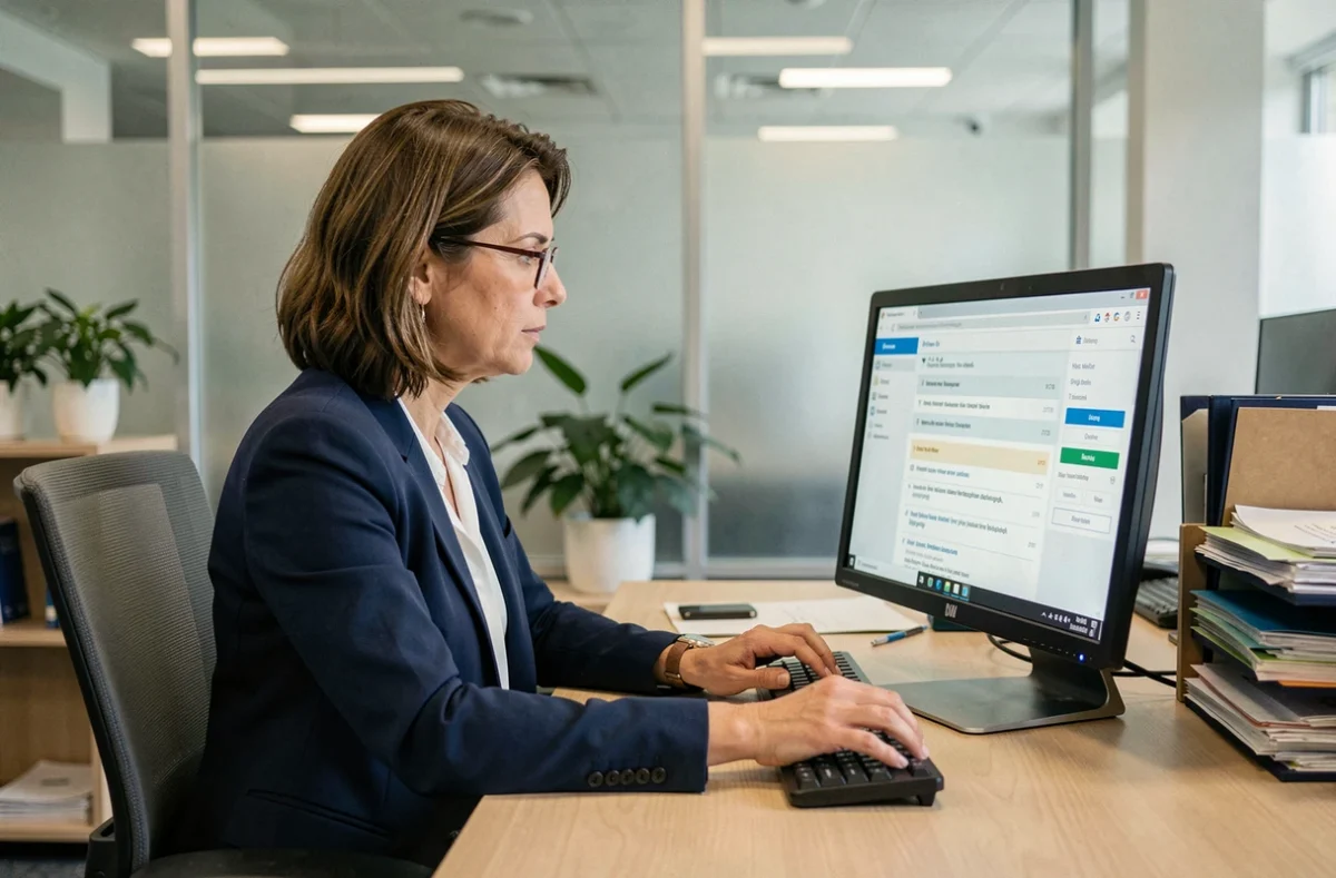 Femme administrative lisant ses emails professionnels sur une interface webmail ia72 dans un bureau moderne