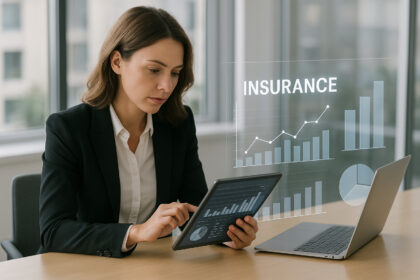 Femme d'affaires utilisant une tablette pour analyser des données d'assurance dans un bureau moderne