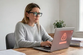 Femme frustrée devant un ordinateur portable affichant une alerte de stockage saturé sur sa messagerie académique