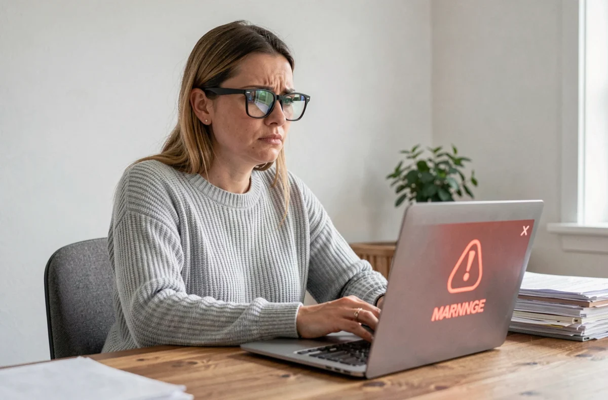 Femme frustrée devant un ordinateur portable affichant une alerte de stockage saturé sur sa messagerie académique