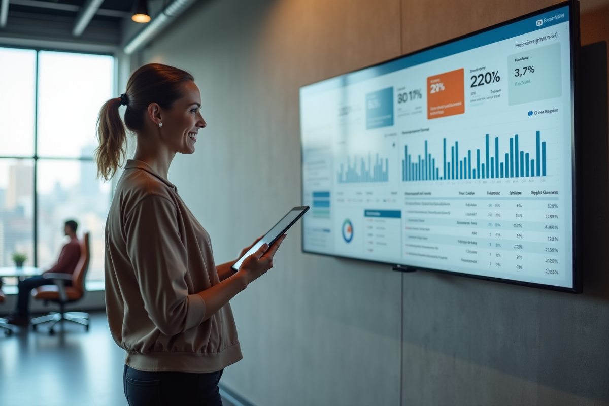Femme souriante vérifiant des statistiques sur un tableau digital