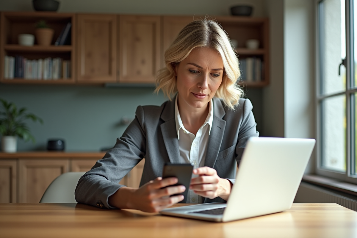 Femme d'âge moyen au bureau cuisine moderne