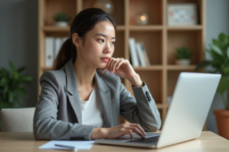 Jeune femme au bureau regardant un site ecommerce