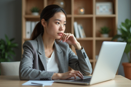 Jeune femme au bureau regardant un site ecommerce