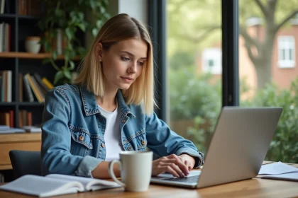 Jeune femme au bureau à domicile avec ordinateur et plantes