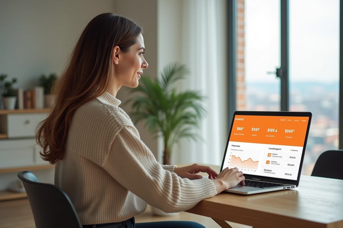Femme au bureau à la maison utilisant un ordinateur portable