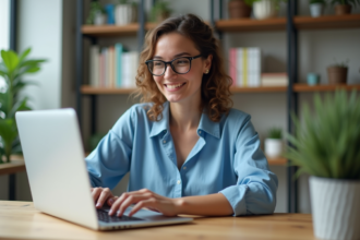 Femme souriante travaillant sur un ordinateur portable dans un bureau lumineux