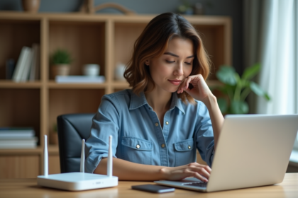 Femme en blouse et jeans travaillant sur son ordinateur dans un appartement