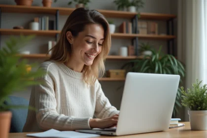 Femme assise à son bureau à domicile vérifiant ses paramètres