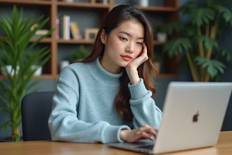 Jeune femme au bureau avec ordinateur et mot de passe Chrome