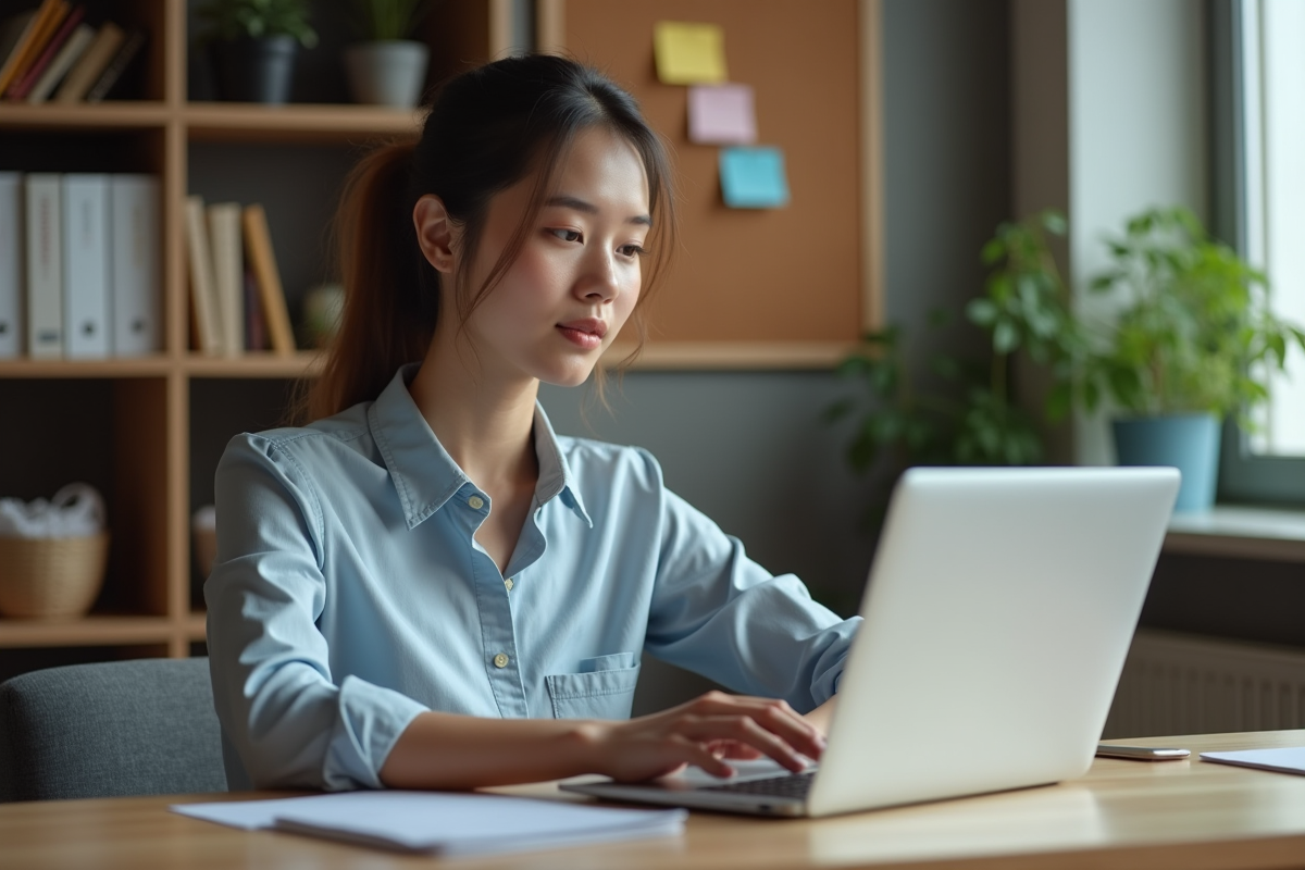 Jeune femme au bureau en pleine concentration sur son ordinateur
