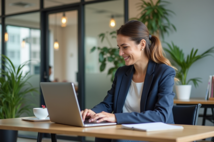 Femme professionnelle en bureau moderne avec ordinateur