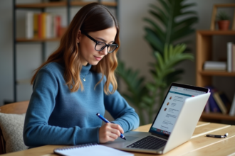 Jeune femme au bureau avec ordinateur et notes sur RSS feed