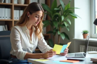 Femme en bureau regardant des notes colorées