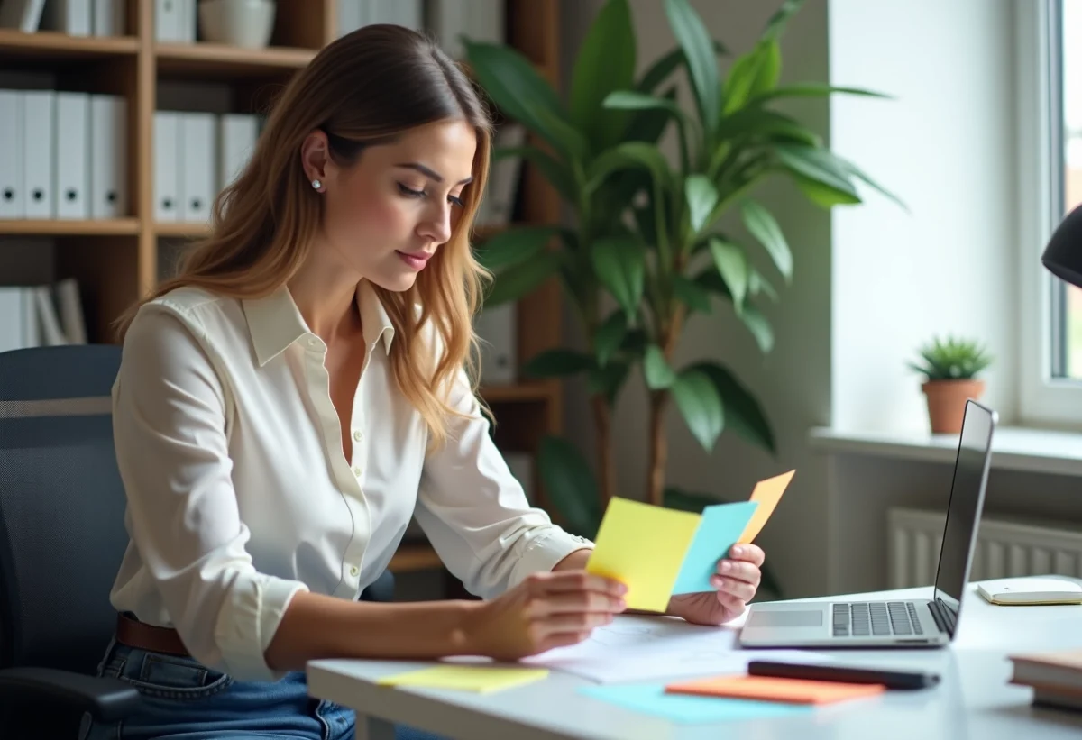 Femme en bureau regardant des notes colorées