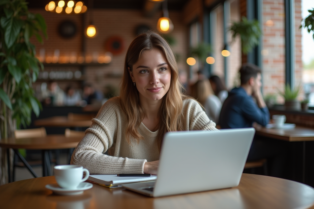 Femme détendue au café avec ordinateur portable