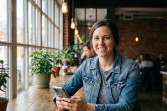 Femme détendue avec smartphone dans un café urbain