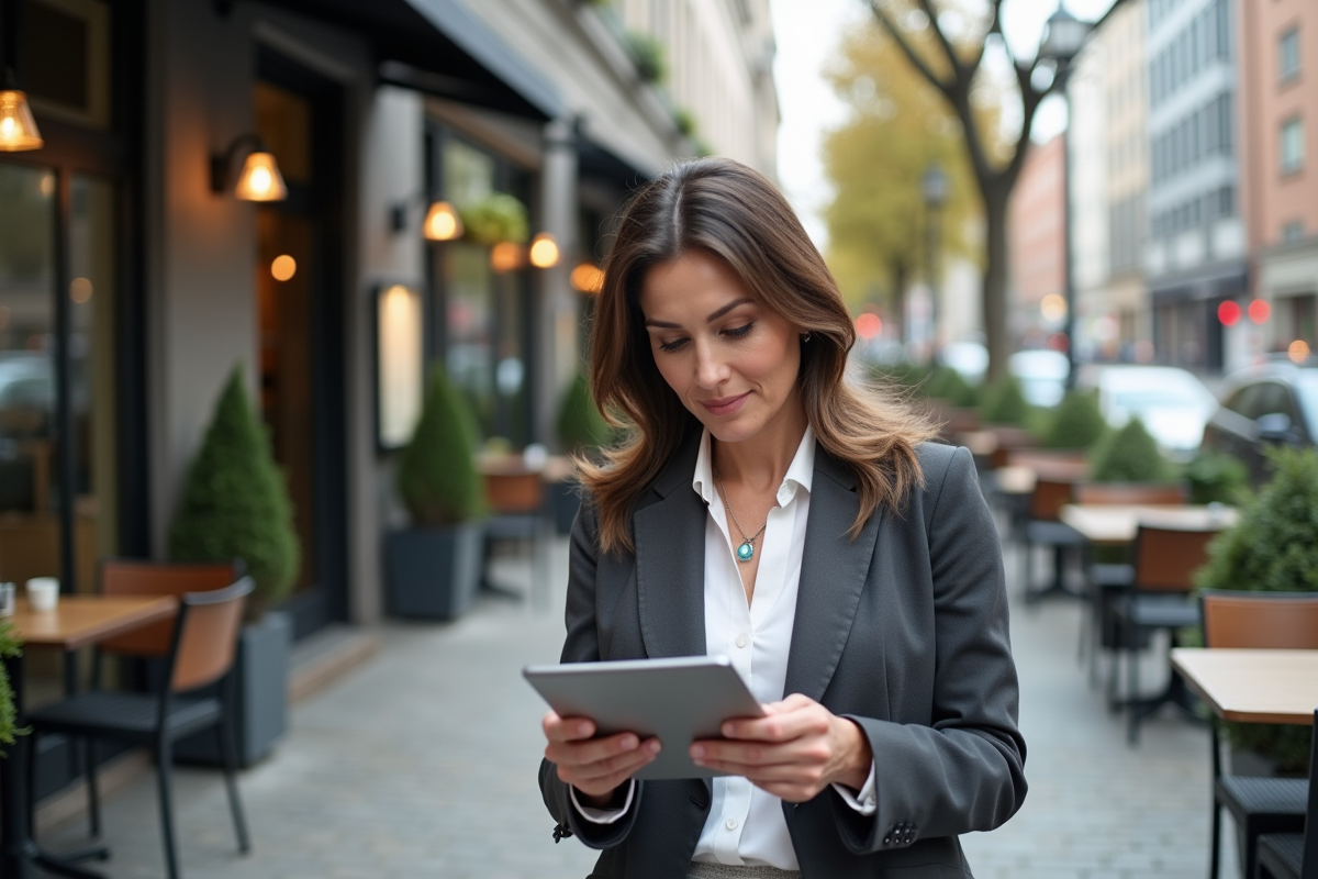 Femme planifiant une stratégie web dans un café en ville