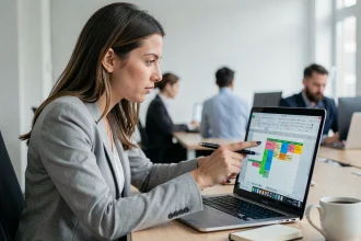 Femme en blazer gris utilisant Excel pour calculer une moyenne pondérée sur un ordinateur portable en open space