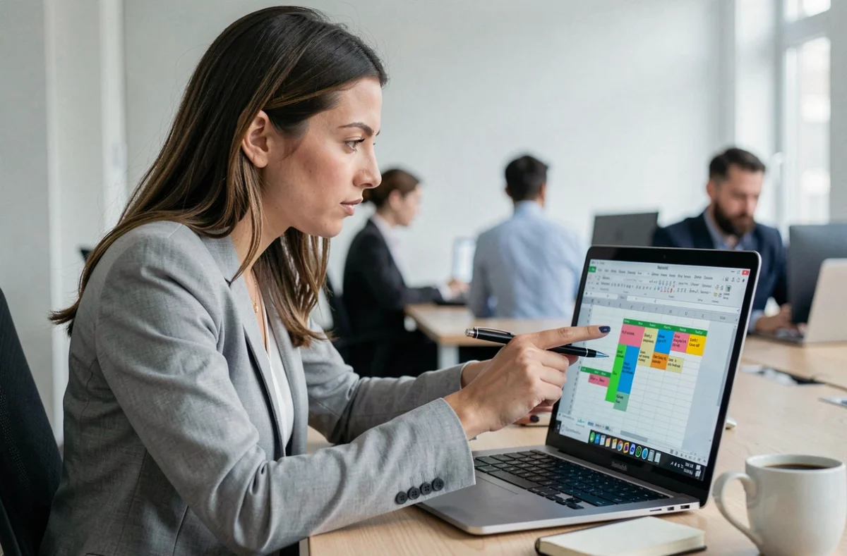 Femme en blazer gris utilisant Excel pour calculer une moyenne pondérée sur un ordinateur portable en open space