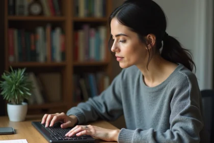 Femme tapant sur un clavier AZERTY pour trouver la touche arobase sur un ordinateur de bureau à domicile