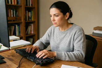 Femme tapant sur un clavier mécanique dans un bureau à domicile pour configurer les touches accentuées