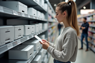 Jeune femme compare des imprimantes compactes en magasin