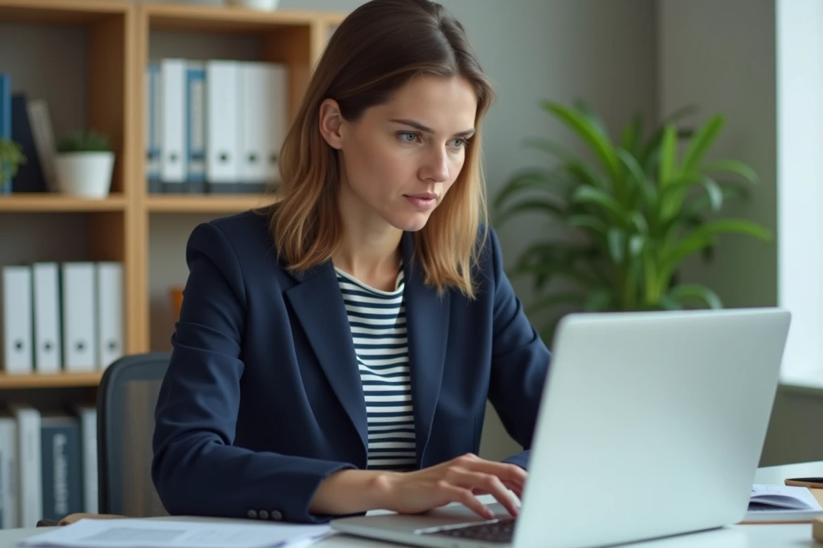 Femme en blazer bleu configurant webmail sur son ordinateur